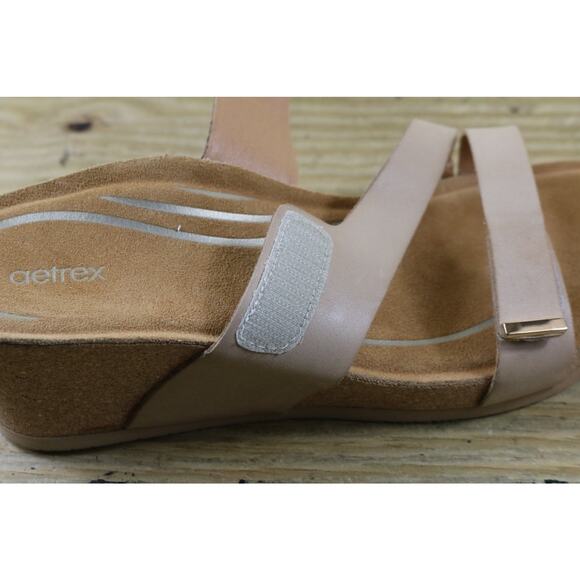 New Aetrex Womens Sandals 10 Brown Beige Leather Wedge Cork Sole Buckle - Picture 7 of 8